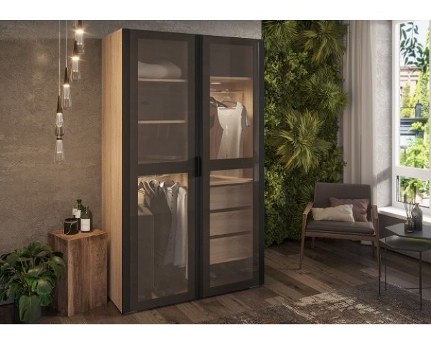 Шкаф двустворчатый Норд ШК-1200 с подсветкой дуб сонома / стекло софт черный