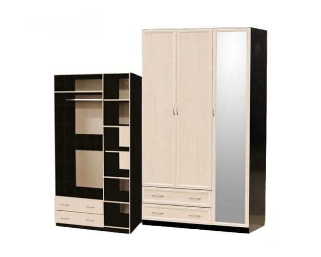 Шкаф для платья и белья 3-х дверный с профилем МДФ с 1 большим зеркалом Венге/Дуб выбеленный